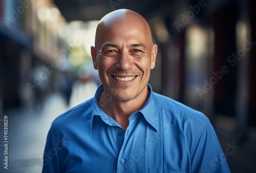 a bald man wearing a blue shirt smiling