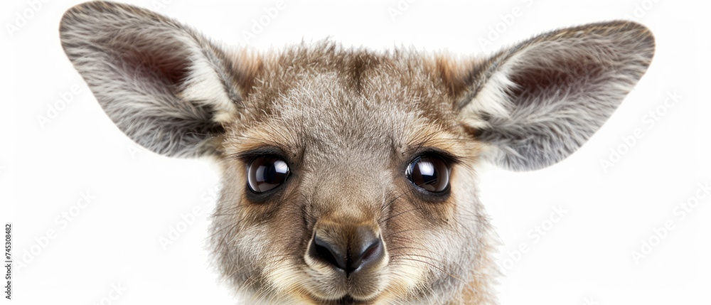 a close up of a kangaroo's face with a surprised look on it's face, with a white background.