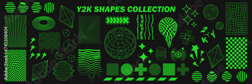 Abstract geometry wireframe shapes and patterns, cyberpunk elements, signs and perspective grids. Surreal geometric retro signs. Rave psychedelic futuristic Y2k acid aesthetic set. Vector illustration