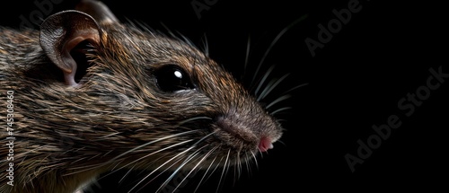 a close up of a rodent's face on a black background with a blurry look on its face.