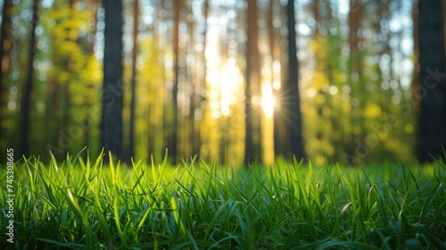 natural background with green grass in focus and blurry forest trees in the background