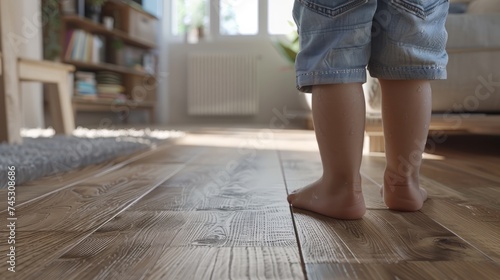 Baby feet doing the first steps. Baby's first steps. Child's bare feet on a wooden floor in front of a window. A lonely kid standing in front of a window in the room in the morning. Generative ai photo