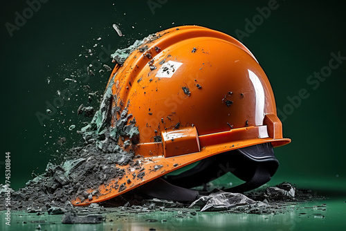 A whole orange helmet in broken bricks on a green background. Industrial safety concept. Generated by artificial intelligence