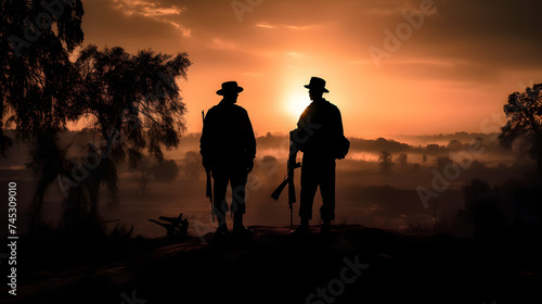 silhouettes of soldiers standing over an american flag