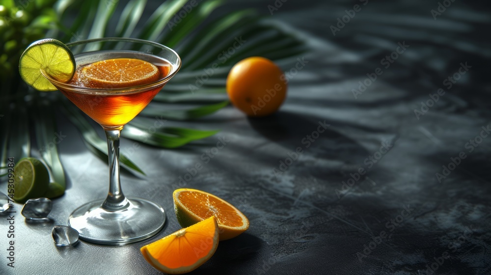 Fototapeta premium Image of a delicious cocktail presented on a sleek black tabletop, copy space for text