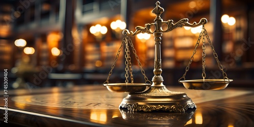 Symbolic image of justice system with gavel and scales in library. Concept Justice System, Gavel, Scales, Symbolic Imagery, Library photo