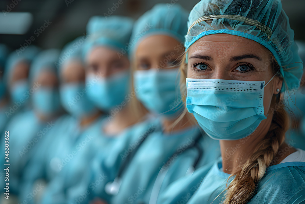 Team of doctors and nurses in hospital hall. Smiling medical personnel. Group of medics wearing scrubs, medical gowns. Surgeon, general practitioner, therapist, diagnostician. Male and woman Team of doctors and nurses in hospital hall. Smiling medical personnel. Group of medics wearing scrubs, medical gowns. Surgeon, general practitioner, therapist, diagnostician. Male and woman