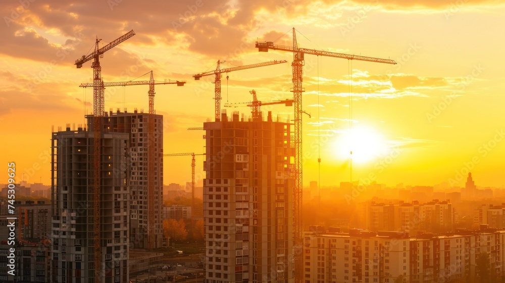 Construction of new residential high-rise buildings. Against the background of a yellow sunset sky, crane, architecture, industrial, development, tower, gen AI Construction of new residential high-rise buildings. Against the background of a yellow sunset sky, crane, architecture, industrial, development, tower, gen AI