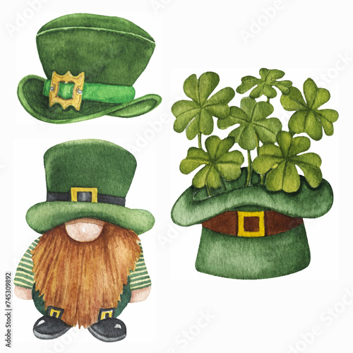 vector watercolor saint patrick day elements  gnome hats lucky clovers cliparts 
