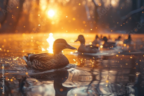 A duck glides across a shimmering lake reflecting the golden sunset, creating a scene of tranquility and beauty