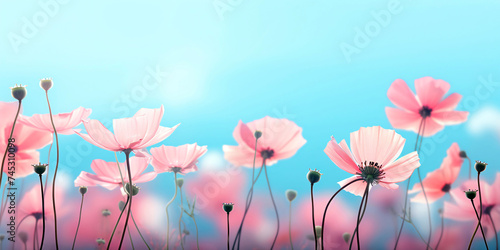 pink flowers in blue sky with bokeh blue motion in the background
