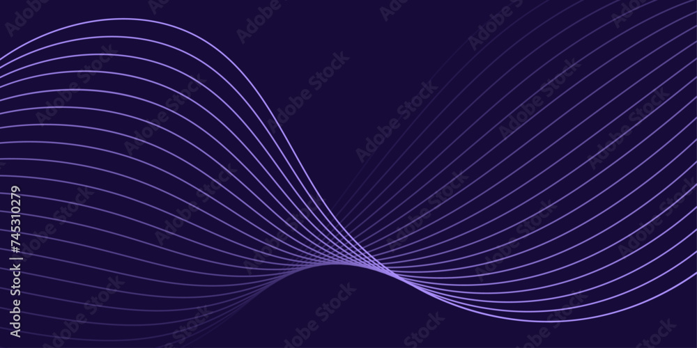 Abstract background with waves for banner. Medium banner size. Vector background with lines isolated on dark purple. Purple gradient. Brochure, booklet	
