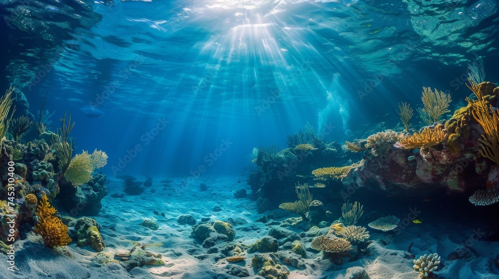 Underwater Coral reef and bright ray sun. Generative AI Underwater Coral reef and bright ray sun. Generative AI