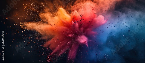 A vibrant and dynamic explosion of multicolored powder against a stark black background. The powder appears to burst and scatter in all directions  creating a lively and visually striking scene.