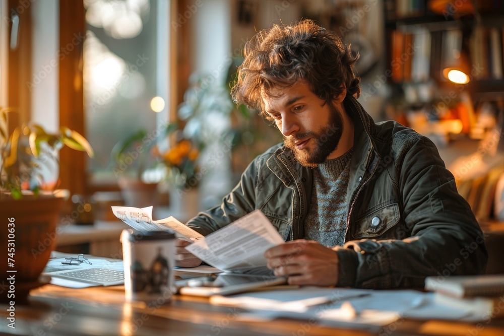 Man in a jacket reviews documents at a table filled with papers in a warmly lit home environment Man in a jacket reviews documents at a table filled with papers in a warmly lit home environment