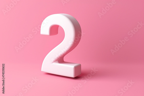 3D Render White Number "2" Isolated on Colorful pastel pink Background