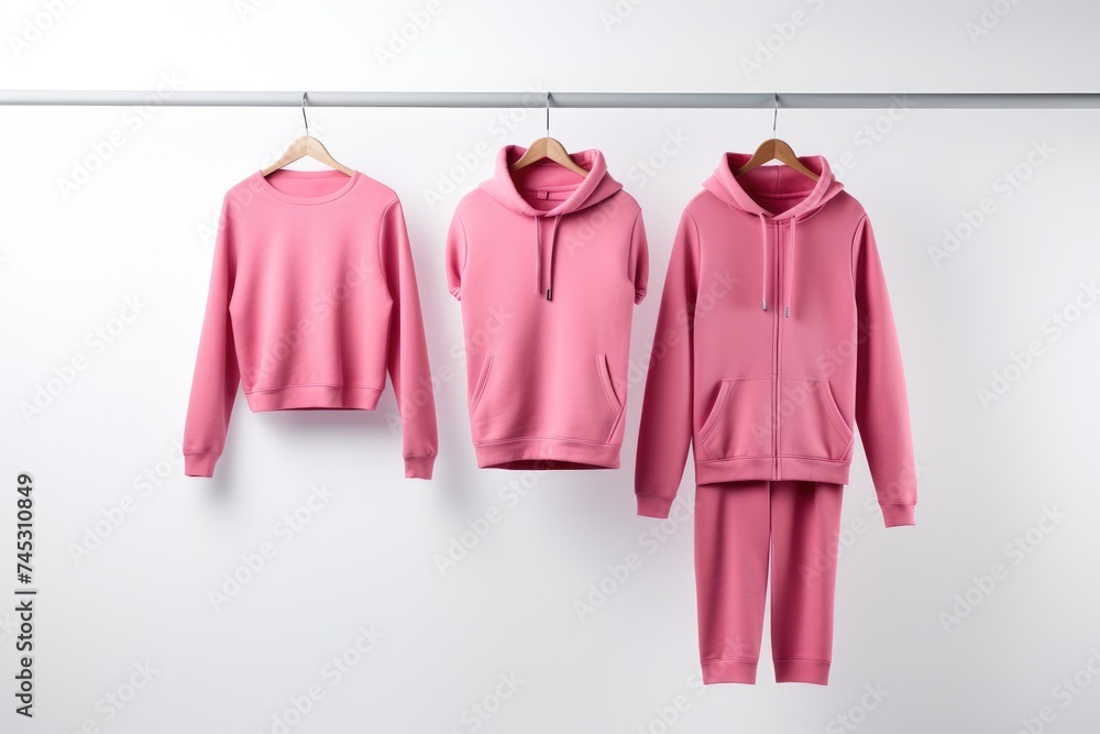 Three pink sweatshirts of varying styles displayed on hangers against a white backdrop Three pink sweatshirts of varying styles displayed on hangers against a white backdrop