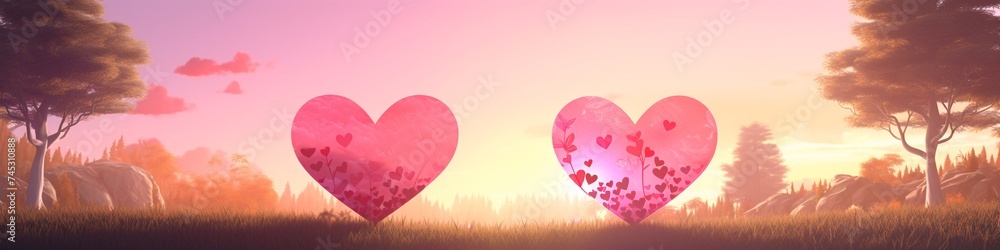 two purple hearts in a forest at sunset two purple hearts in a forest at sunset