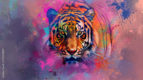 A colourful painting of a tiger on a background