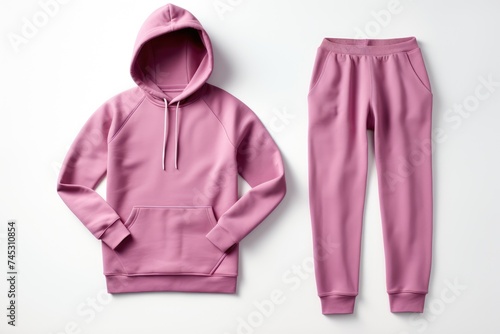 A flat lay photo of a matching pink hoodie and sweatpants set on a white background