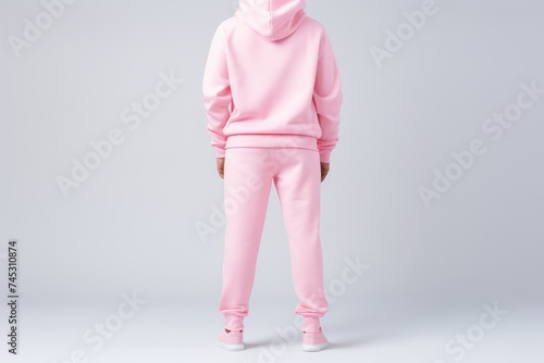 An african american model dressed in a matching pink hoodie and sweatpants set against a neutral background, showcasing casual sportswear photo