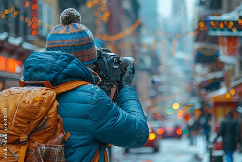 A bundled up photographer taking photos on a city street, with beautiful bokeh lights blurring the background