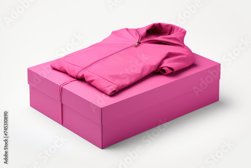 A vibrant pink hoodie neatly folded atop a pink gift box, presenting a stylish and monochromatic packaging concept