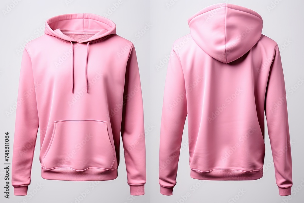 Front and back view of a pink hoodie mockup, ideal for showcasing apparel designs, printing, creating logos, white background Front and back view of a pink hoodie mockup, ideal for showcasing apparel designs, printing, creating logos, white background