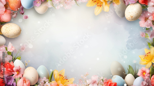 Festlicher Banner mit Ostereier und Frühlingsblumen vor pastellfarbenem Hintergrund