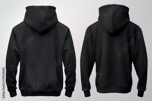 Front and back view of a black hoodie mockup, ideal for showcasing apparel designs, printing, creating logos, white background