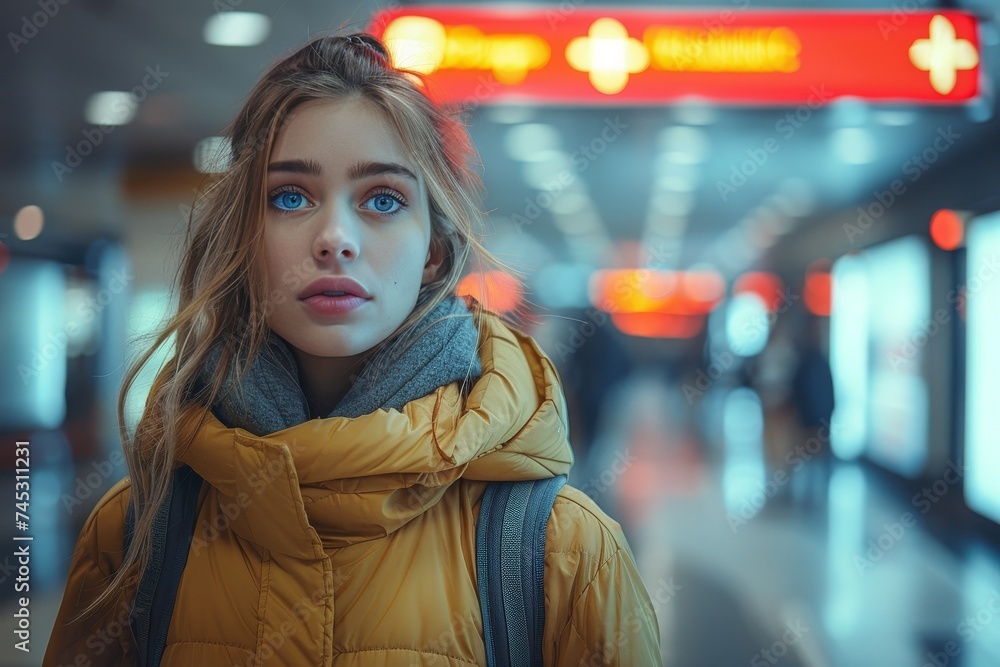 A young woman, dressed warmly in a yellow coat, appears pensive as she stands in the colorful ambiance of an airport A young woman, dressed warmly in a yellow coat, appears pensive as she stands in the colorful ambiance of an airport