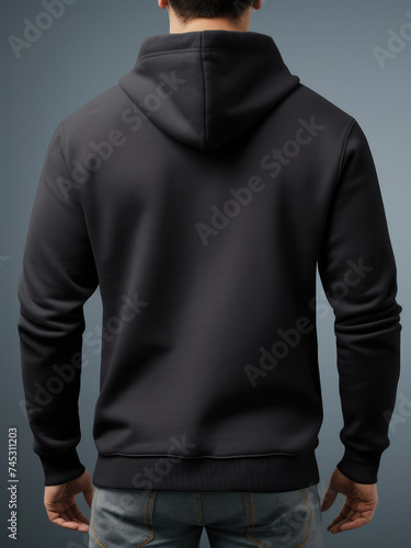 This rear presentation of a black hoodie provides a perfect canvas for your design mockups, neutral grey background