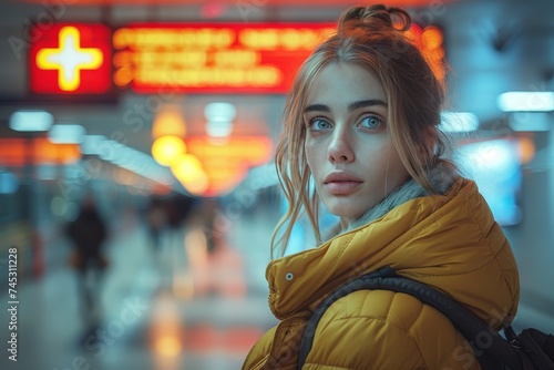 Young woman with striking blue eyes at a station, with a yellow jacket and neon signs