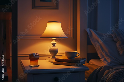 Stylish modern desk lamp, books and cup of drink on white nightstand in dark bedroom.AI generated © Ammad