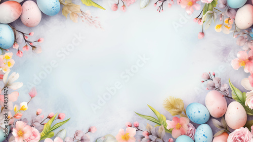 Festlicher Banner mit Ostereier und Frühlingsblumen vor pastellfarbenem Hintergrund