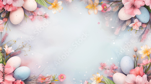 Festlicher Banner mit Ostereier und Frühlingsblumen vor pastellfarbenem Hintergrund