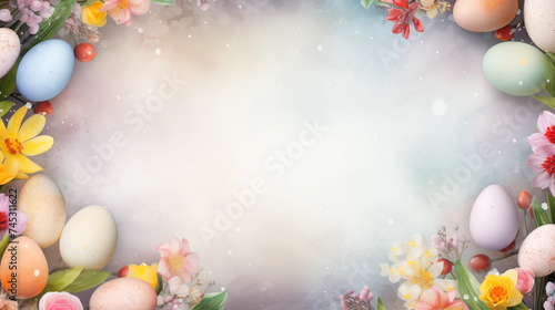 Festlicher Banner mit Ostereier und Frühlingsblumen vor pastellfarbenem Hintergrund