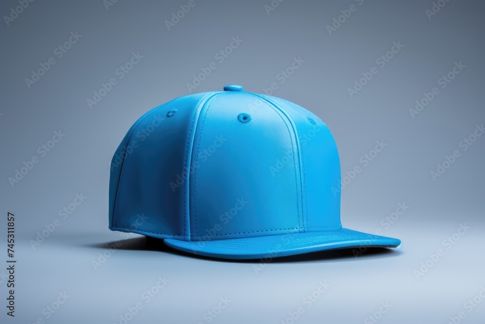 The cool blue of a snapback hat stands out against a muted background, perfect for fashion mockups The cool blue of a snapback hat stands out against a muted background, perfect for fashion mockups