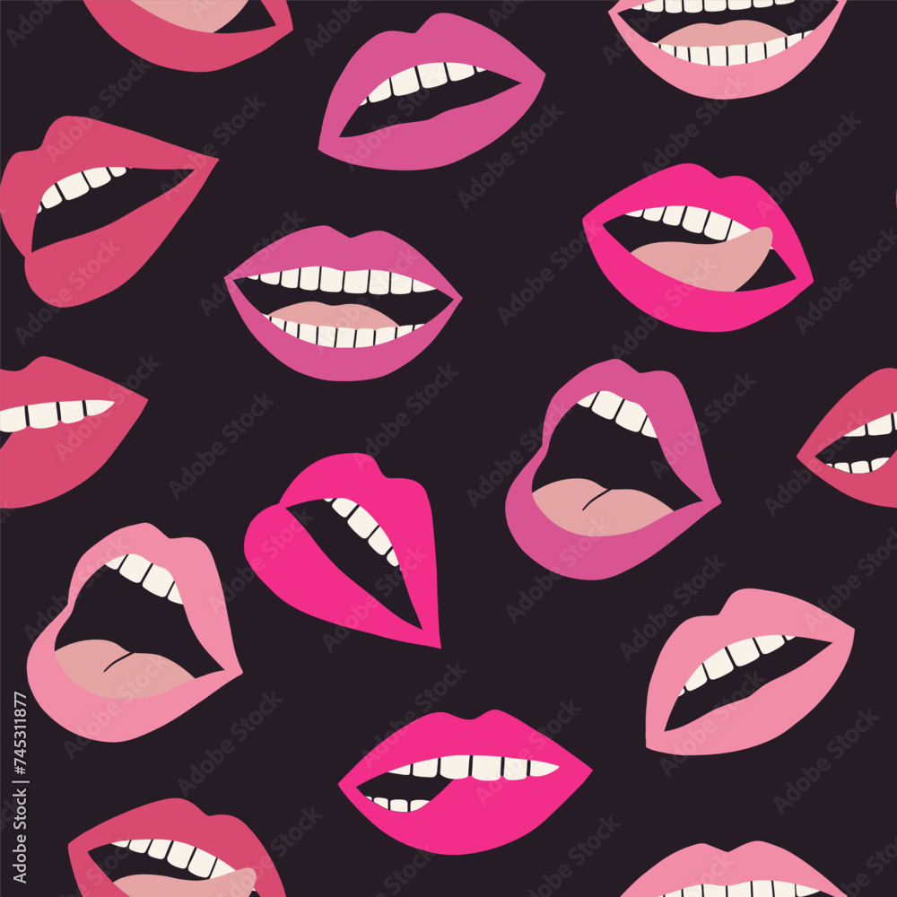 Vector seamless pattern with pink female lips on black background. Mouth with a kiss, smile, tongue and teeth. Sexy lip makeup. Open mouth. Sweet kiss Vector seamless pattern with pink female lips on black background. Mouth with a kiss, smile, tongue and teeth. Sexy lip makeup. Open mouth. Sweet kiss