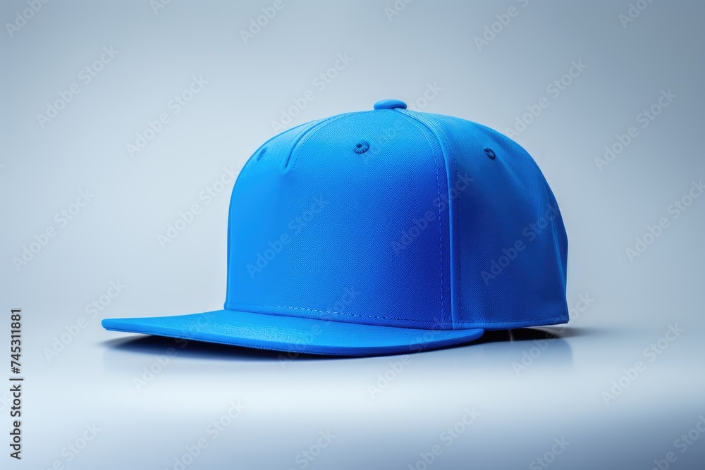 A sleek azure snapback cap displayed on a soft gradient background for a clean clothing mockup A sleek azure snapback cap displayed on a soft gradient background for a clean clothing mockup