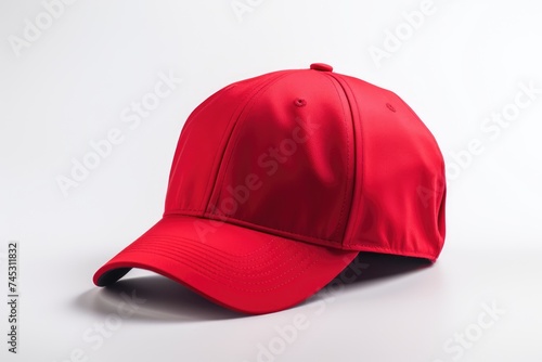 Red baseball cap presented as a mockup on a white background, ideal for showcasing design, branding and printing
