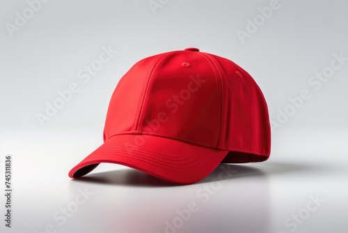 Red baseball cap presented as a mockup on a neutral background, ideal for showcasing design, branding and printing