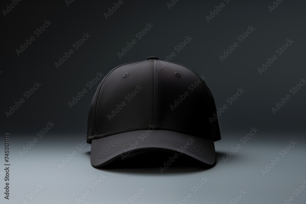 Black baseball cap presented as a mockup on a grey background, ideal for showcasing design, branding and printing Black baseball cap presented as a mockup on a grey background, ideal for showcasing design, branding and printing