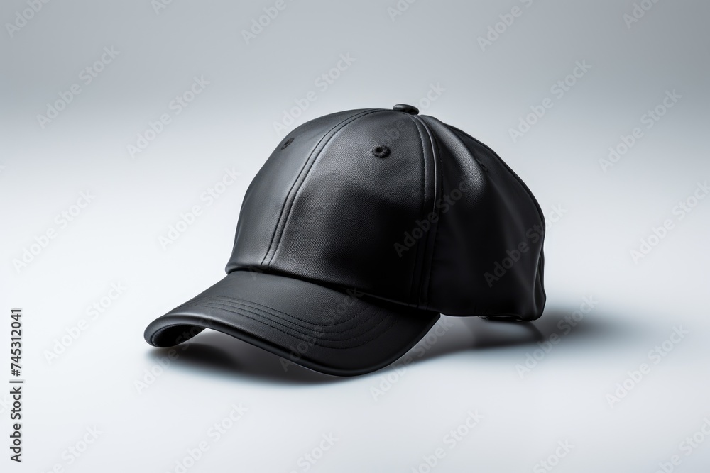 Black baseball cap presented as a mockup on a grey neutral background, ideal for showcasing design, branding and printing Black baseball cap presented as a mockup on a grey neutral background, ideal for showcasing design, branding and printing