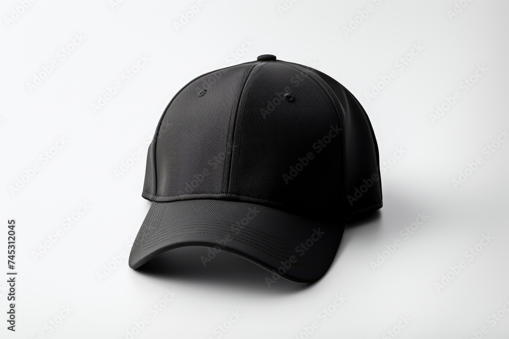 Black baseball cap presented as a mockup on a white background, ideal for showcasing design, branding and printing Black baseball cap presented as a mockup on a white background, ideal for showcasing design, branding and printing
