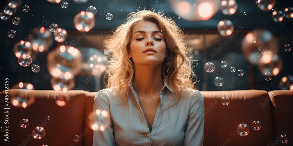 Woman using telekinesis to manipulate bubbles of thoughts manifestation and law of attraction. Concept Telekinesis, Thought Bubbles, Manifestation, Law of Attraction, Mind Power - obrazy, fototapety, plakaty 