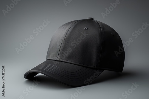 Black baseball cap presented as a mockup on a grey background, ideal for showcasing design, branding and printing