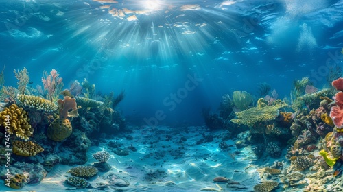 Underwater Coral reef and bright ray sun. Generative AI © itchaznong