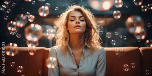 Woman using telekinesis to manipulate bubbles of thoughts manifestation and law of attraction. Concept Telekinesis, Thought Bubbles, Manifestation, Law of Attraction, Mind Power photo