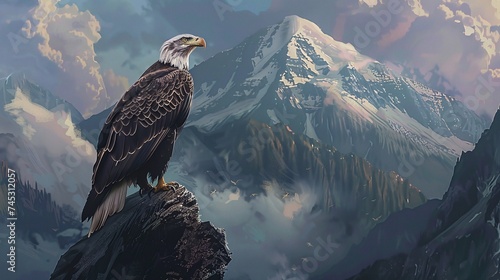 awe-inspiring scene of a majestic bald eagle observing the alpine landscape from its cliffside perch